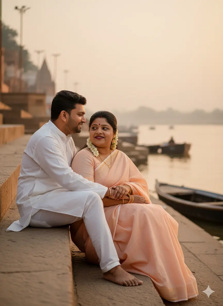 Ganga Ghat Sunset Romance - Couple